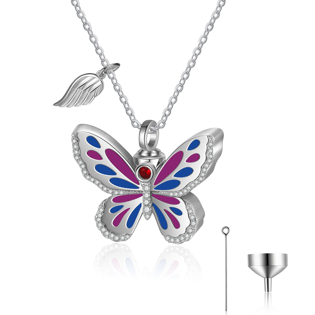 shining custom birthstone feather wing butterfly cremation urn necklace for ashes 01